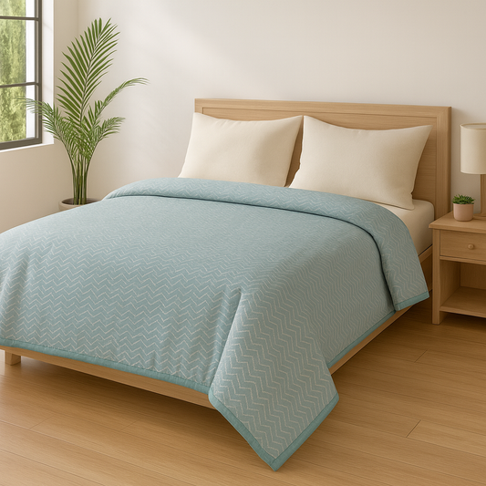 Reversible Cotton Single Bed Dohar – Aqua Blue Chevron & Geometric