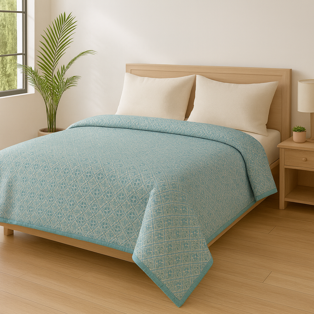 Reversible Cotton Single Bed Dohar – Aqua Blue Chevron & Geometric
