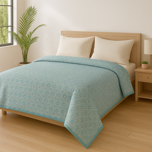 Reversible Cotton Single Bed Dohar – Aqua Blue Chevron & Geometric