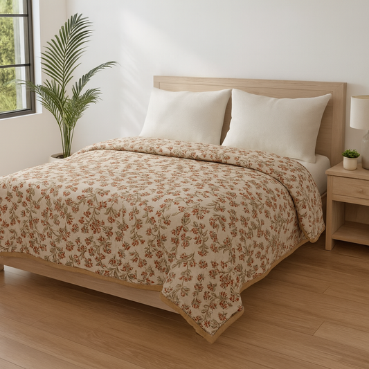 Premium Reversible Cotton Dohar Set – Floral Beige & Classic Motif