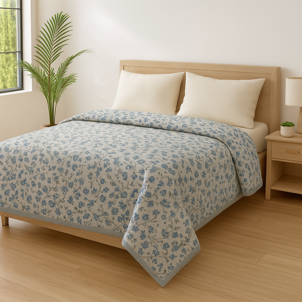 Premium Reversible Cotton Dohar Set – Blue Floral & Grey Motif