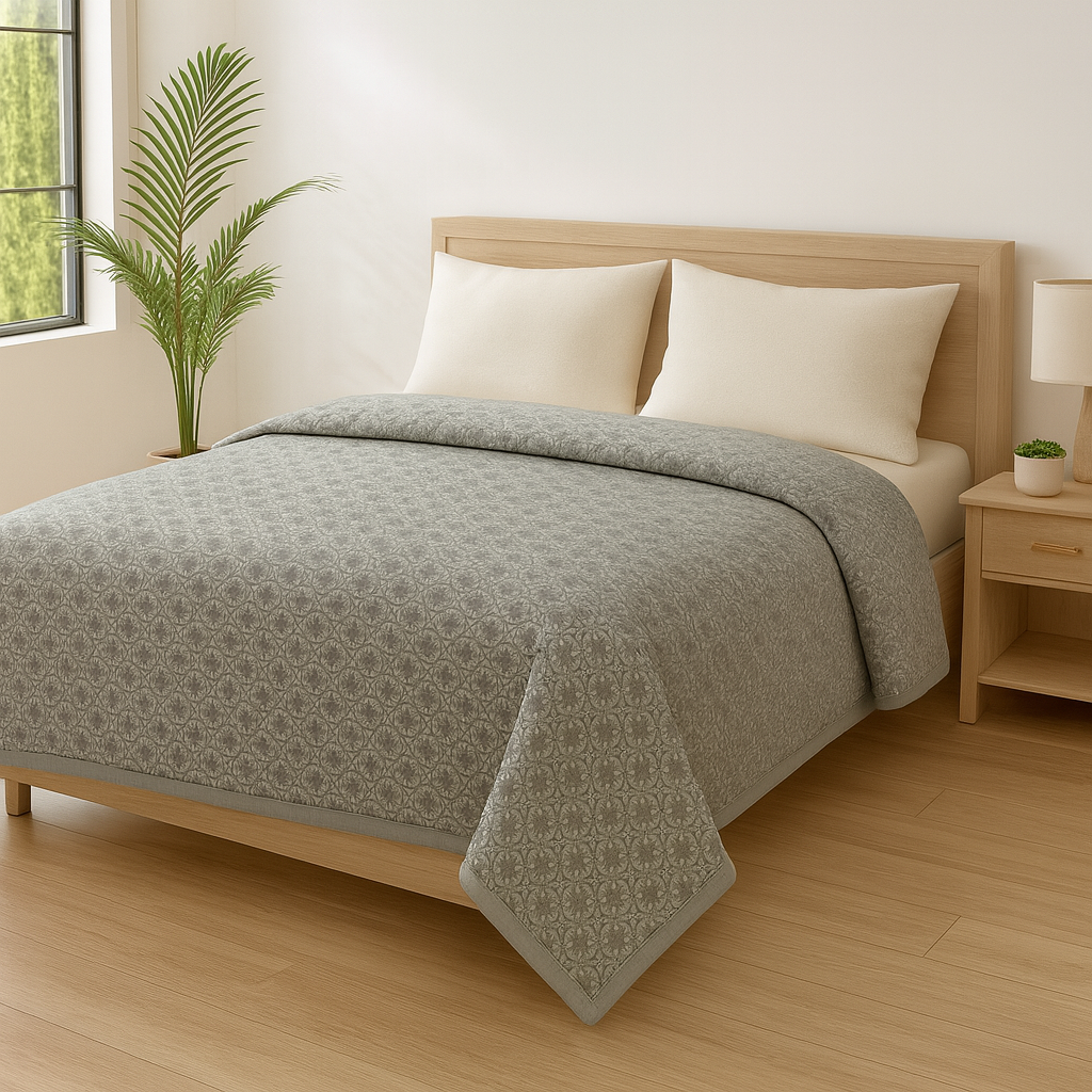 Premium Reversible Cotton Dohar Set – Blue Floral & Grey Motif