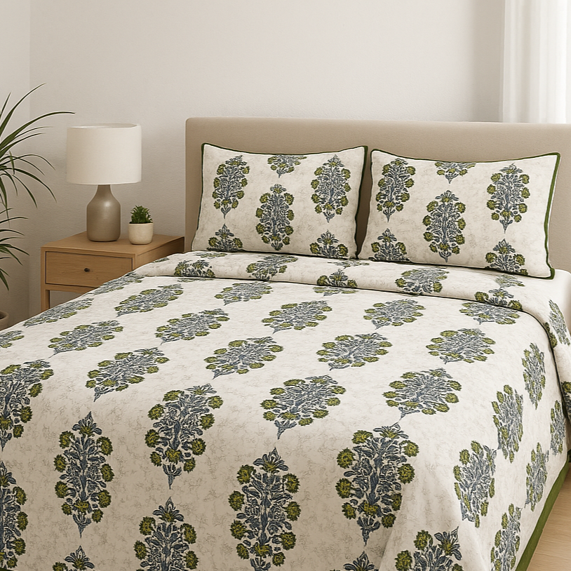 Reversible Cotton 2 Piece Single Bed Dohar (Green Floral & Grey)