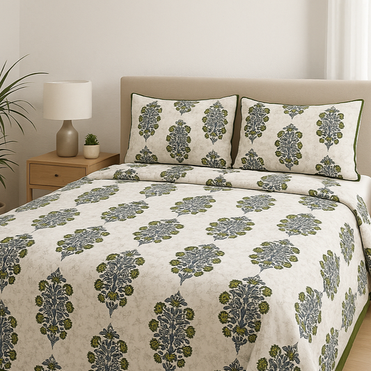 Reversible Cotton 2 Piece Single Bed Dohar (Green Floral & Grey)