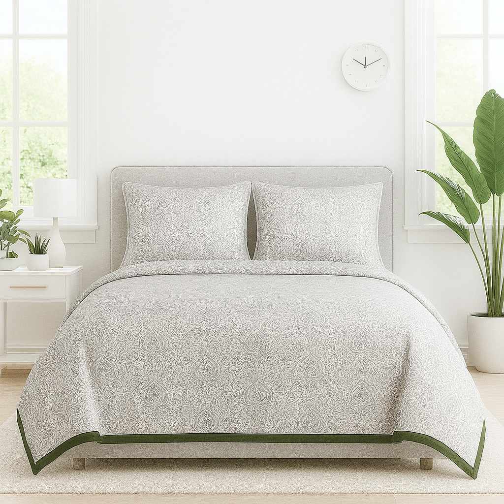 Reversible Cotton 2 Piece Single Bed Dohar (Green Floral & Grey)