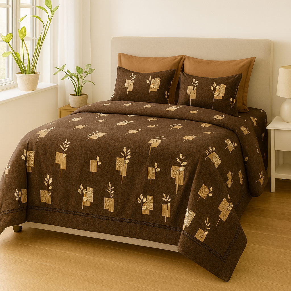Rustic Brown Leaf Patch – Pure Cotton Super King Bedsheet 108 x 120 inches Super King Size | AHPO13
