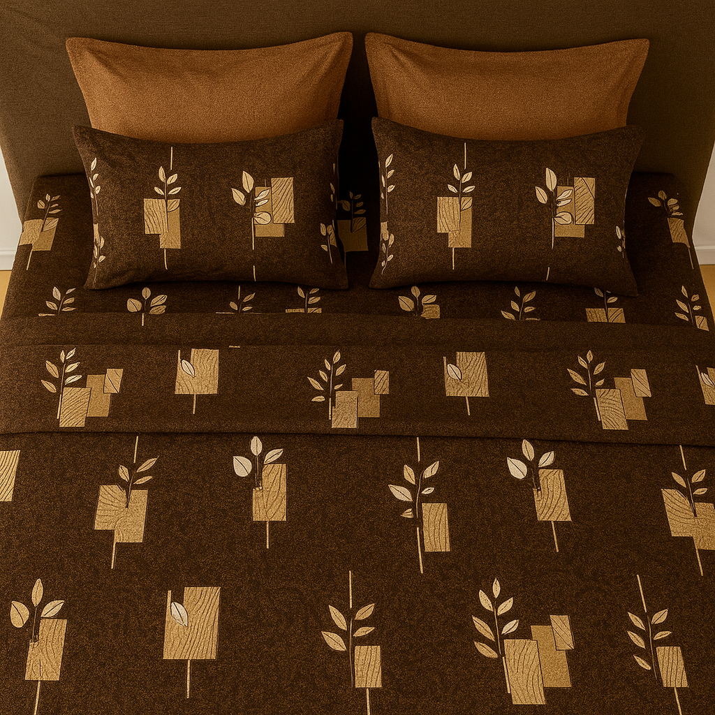 Rustic Brown Leaf Patch – Pure Cotton Super King Bedsheet 108 x 120 inches Super King Size | AHPO13