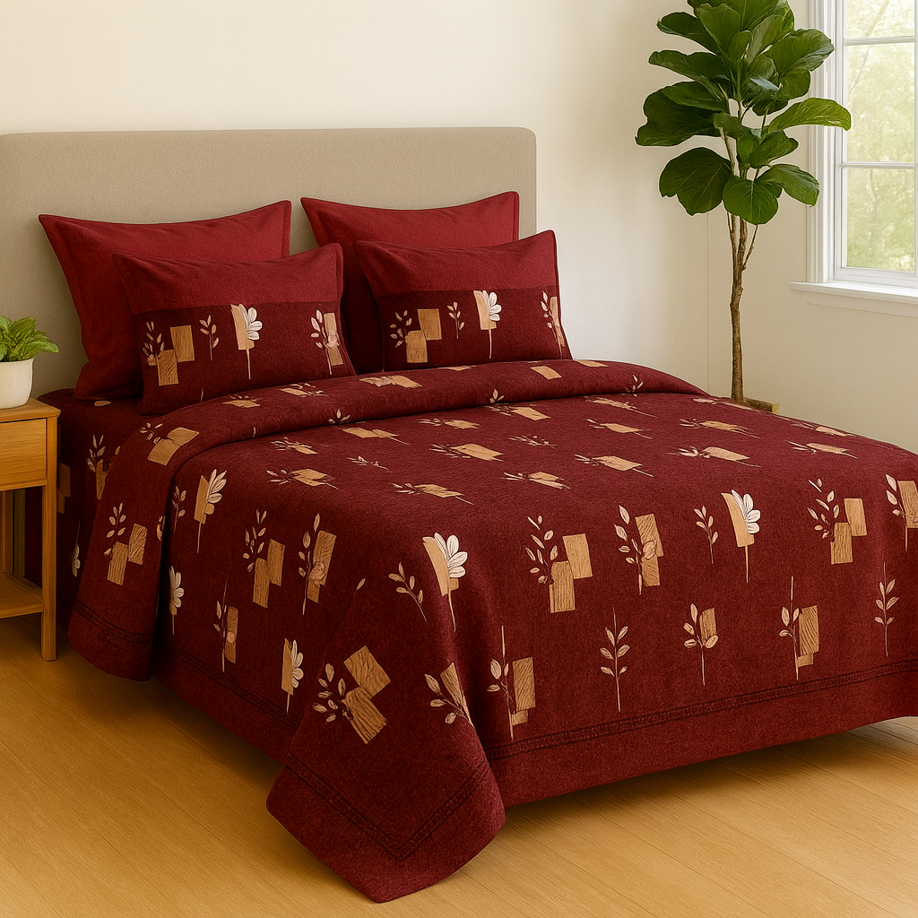 Rustic Maroon Leaf Patch – Cotton Super King Bedsheet 108 x 120 inches | 100% Pure Cotton|AHPO14