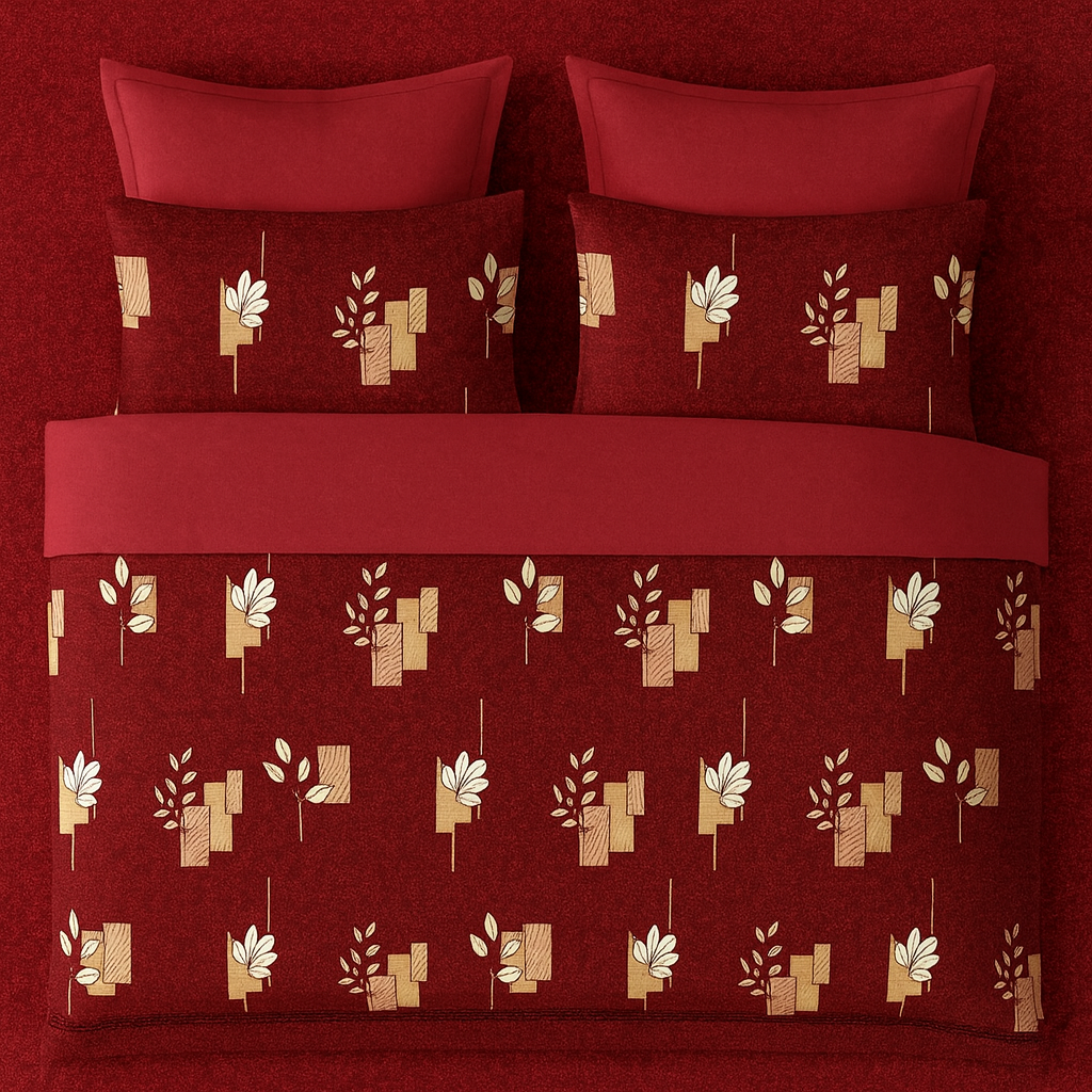 Rustic Maroon Leaf Patch – Cotton Super King Bedsheet 108 x 120 inches | 100% Pure Cotton|AHPO14