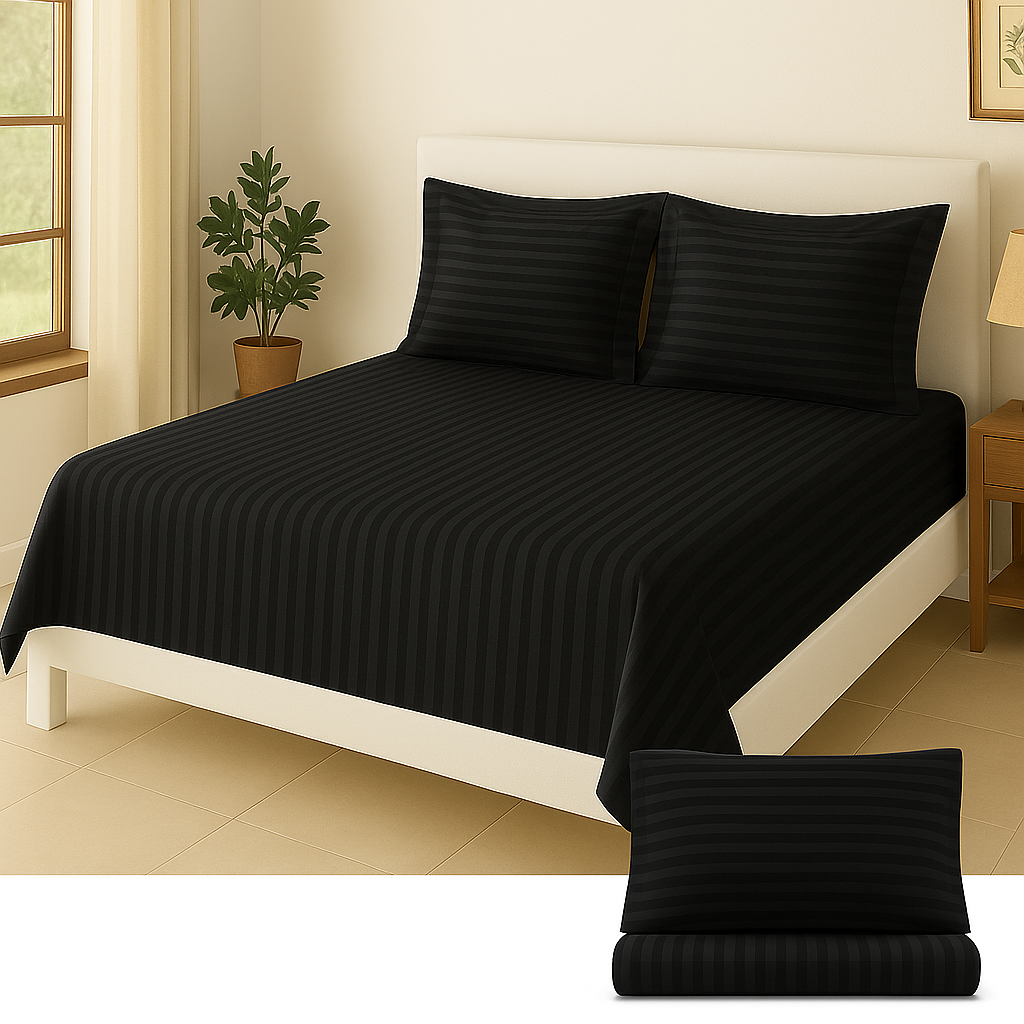 Black Striped 100% Cotton King Bedsheet Set | 300 TC | GGP06