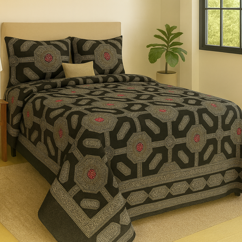 Royal Mandala Black & Maroon Pure Cotton Queen Size Bedsheet – 90×108 inches | Aashray Decor