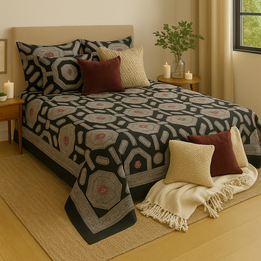 Royal Mandala Black & Maroon Pure Cotton Queen Size Bedsheet – 90×108 inches | Aashray Decor
