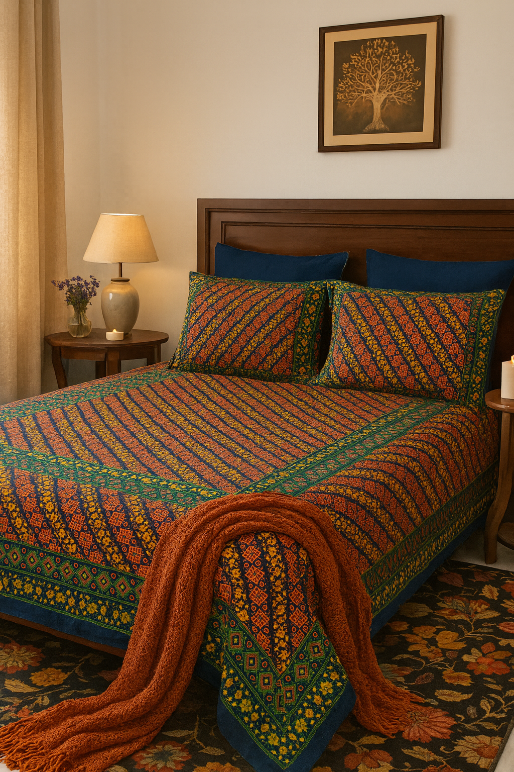 Rajasthani Traditional Print Cotton Double Bedsheet – 100% Pure Cotton | 100×108 inches | 2 Pillow Covers |JAIMAN01