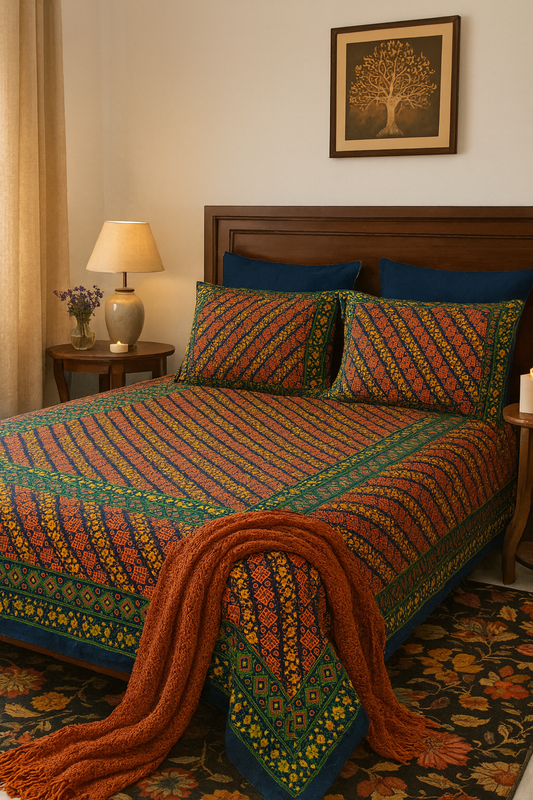 Rajasthani Traditional Print Cotton Double Bedsheet – 100% Pure Cotton | 100×108 inches | 2 Pillow Covers |JAIMAN01