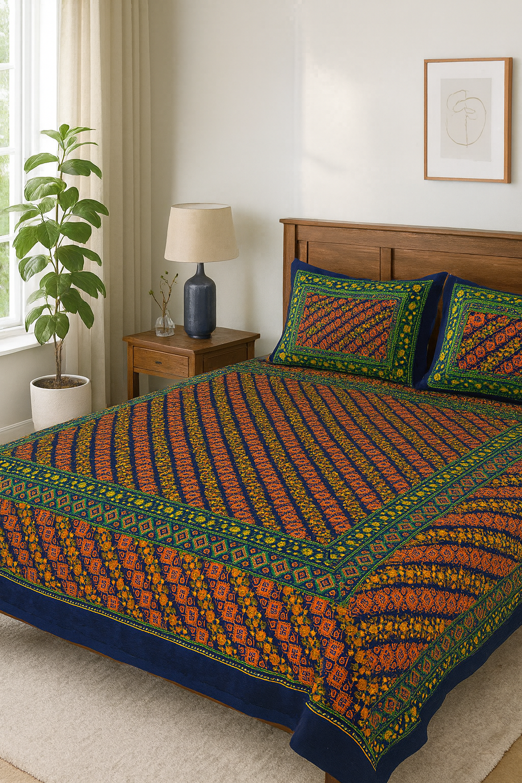 Rajasthani Traditional Print Cotton Double Bedsheet – 100% Pure Cotton | 100×108 inches | 2 Pillow Covers |JAIMAN01