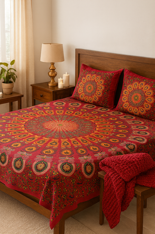 Jaipuri Mandala Printed Cotton Bedsheet Set – Double Bed (100×108 inches) | 2 Pillow Covers | JAIMAN02