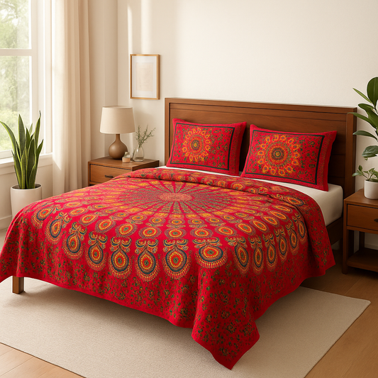 Jaipuri Mandala Printed Cotton Bedsheet Set – Double Bed (100×108 inches) | 2 Pillow Covers | JAIMAN02