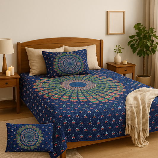Blue Mandala Hand Block Printed Cotton Bedsheet Set – Double Bed (100×108 inches) | 2 Pillow Covers | 100% Pure Cotton | JAIMAN03