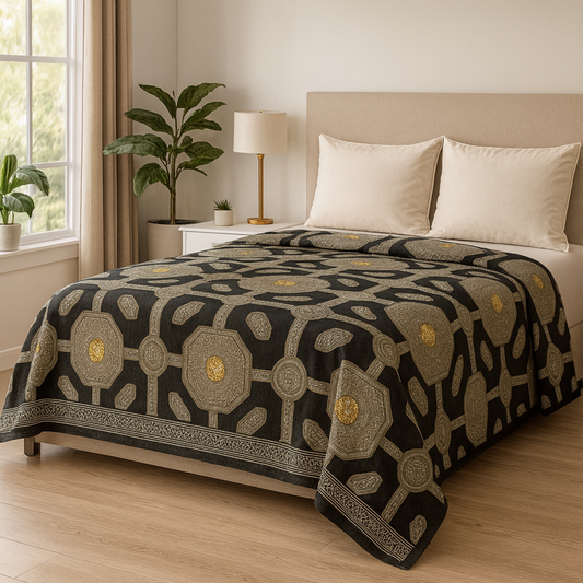 Aashray Decor Pure Cotton Queen Bedsheet – Black Heritage Mandala Design (90×108 inches)  | AHST14