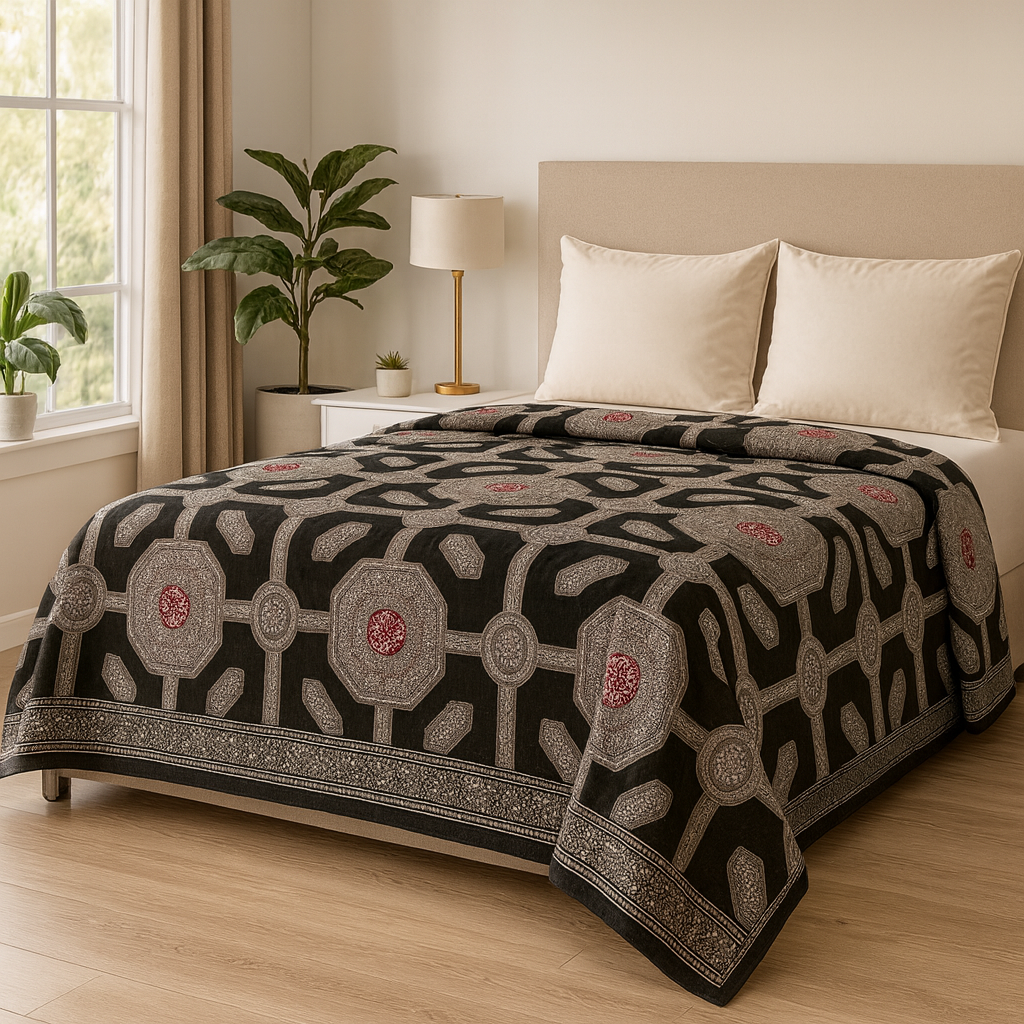 Elegant Mandala Block Print Queen Size Cotton Bedsheet – Black & Maroon | Aashray Decor | AHST15