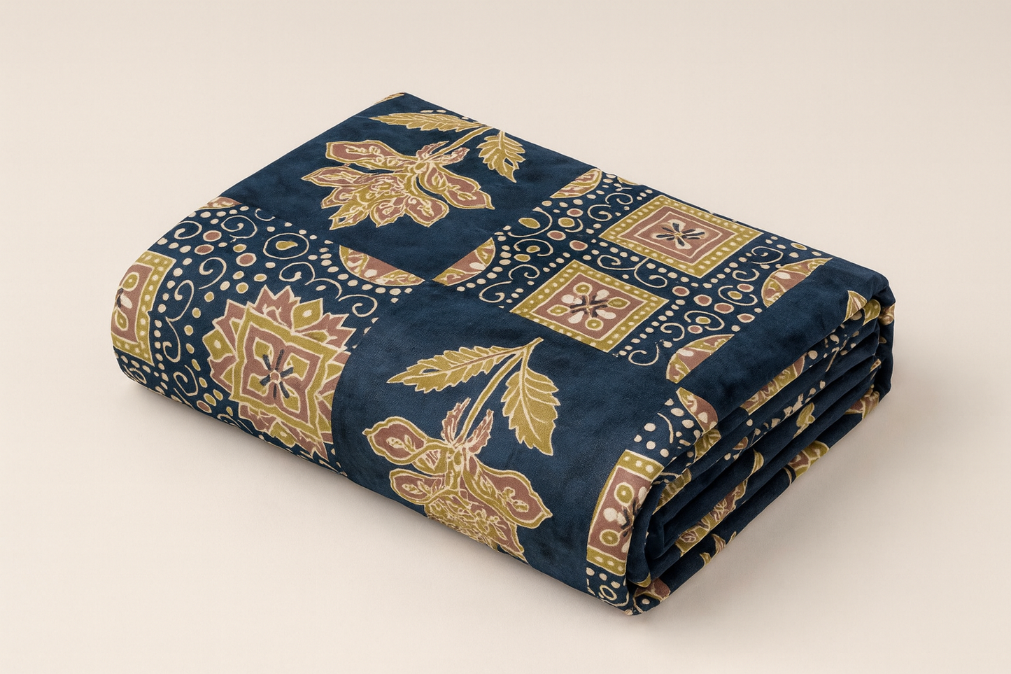 Nivriti Premium 100% Cotton Queen Size Bedsheet – Indigo Gold Floral Motif (90×108 inches)