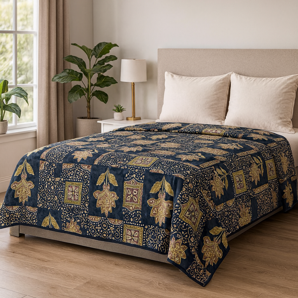 Nivriti Premium 100% Cotton Queen Size Bedsheet – Indigo Gold Floral Motif (90×108 inches)