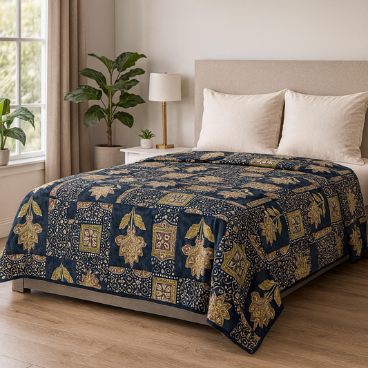 Nivriti Premium 100% Cotton Queen Size Bedsheet – Indigo Gold Floral Motif (90×108 inches)