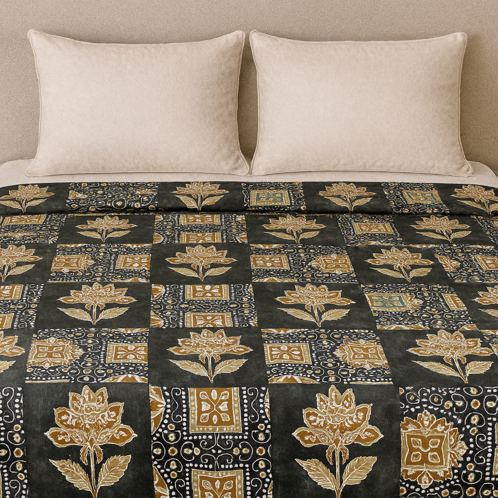 Queen Size Premium 100% Cotton Bedsheet – Green Gold Floral Motif (90×108 inches)| AHST11