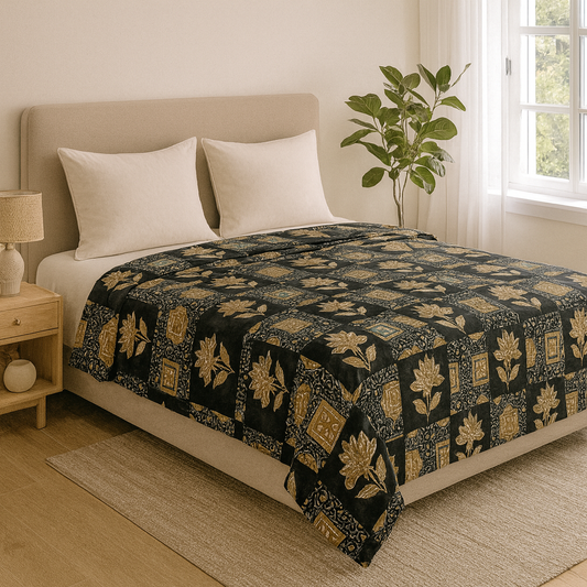 Queen Size Premium 100% Cotton Bedsheet – Green Gold Floral Motif (90×108 inches)| AHST11