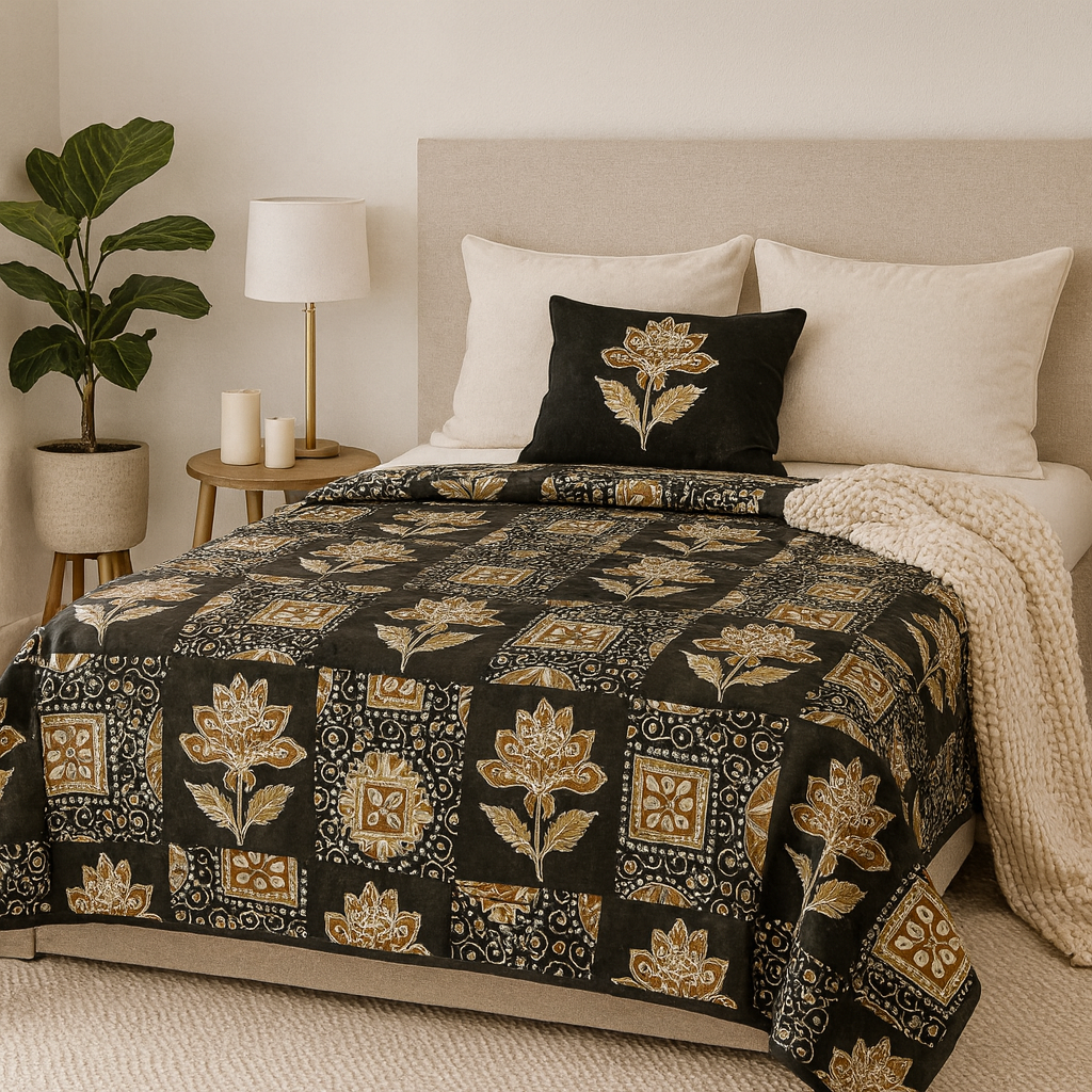Queen Size Premium 100% Cotton Bedsheet – Green Gold Floral Motif (90×108 inches)| AHST11