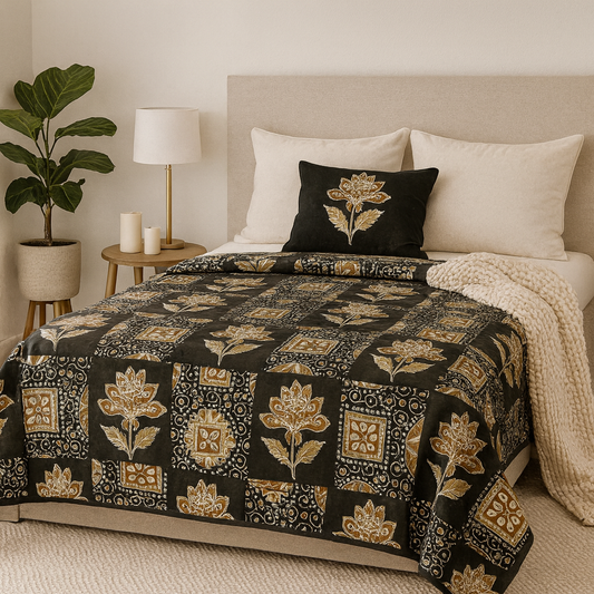 Queen Size Premium 100% Cotton Bedsheet – Green Gold Floral Motif (90×108 inches)| AHST11
