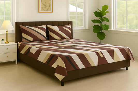 Aashray Decor 100% Cotton Double Bed Bedsheet with 2 Pillow Covers | Premium King Size (275 x 275 cm) | Modern Geometric Print in Brown & Beige | Soft, Breathable & Durable Fabric