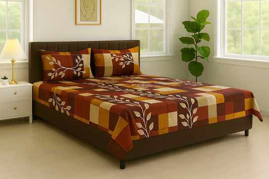Aashray Decor 100% Cotton Double Bed Bedsheet with 2 Pillow Covers | King Size (275 x 275 cm) | Modern Checkered Print with Leaf Motif in Rust, Beige & Mustard | Soft & Durable Fabric