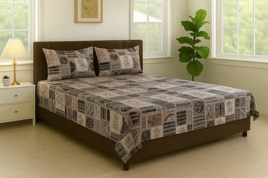Aashray Decor 100% Cotton Double Bed Bedsheet with 2 Pillow Covers | King Size (275 x 275 cm) | Vintage Newspaper & Artistic Print in Brown & Beige | Soft, Breathable & Durable Fabric