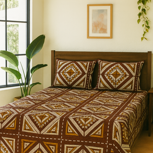 Aashray Decor 100% Cotton Double Bed Bedsheet with 2 Pillow Covers | King Size (275 x 275 cm) | Ethnic Geometric Block Print in Brown & Mustard | Soft, Durable & Breathable Fabric