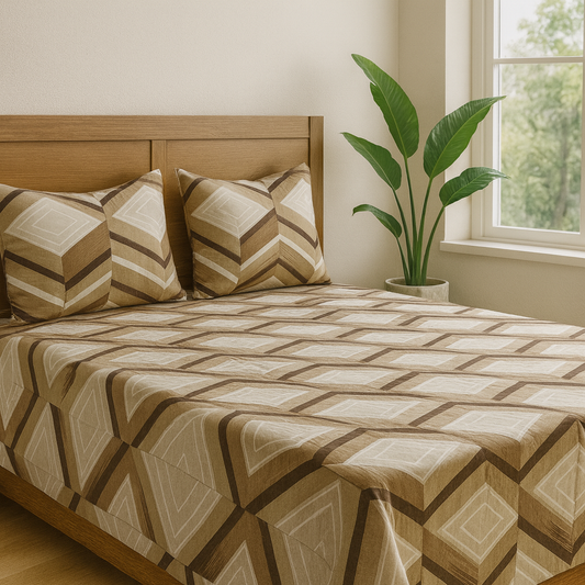 Aashray Decor 100% Cotton Double Bed Bedsheet with 2 Pillow Covers | King Size (275 x 275 cm) | Elegant Diamond Geometric Print in Brown & Beige | Soft, Breathable & Durable Fabric