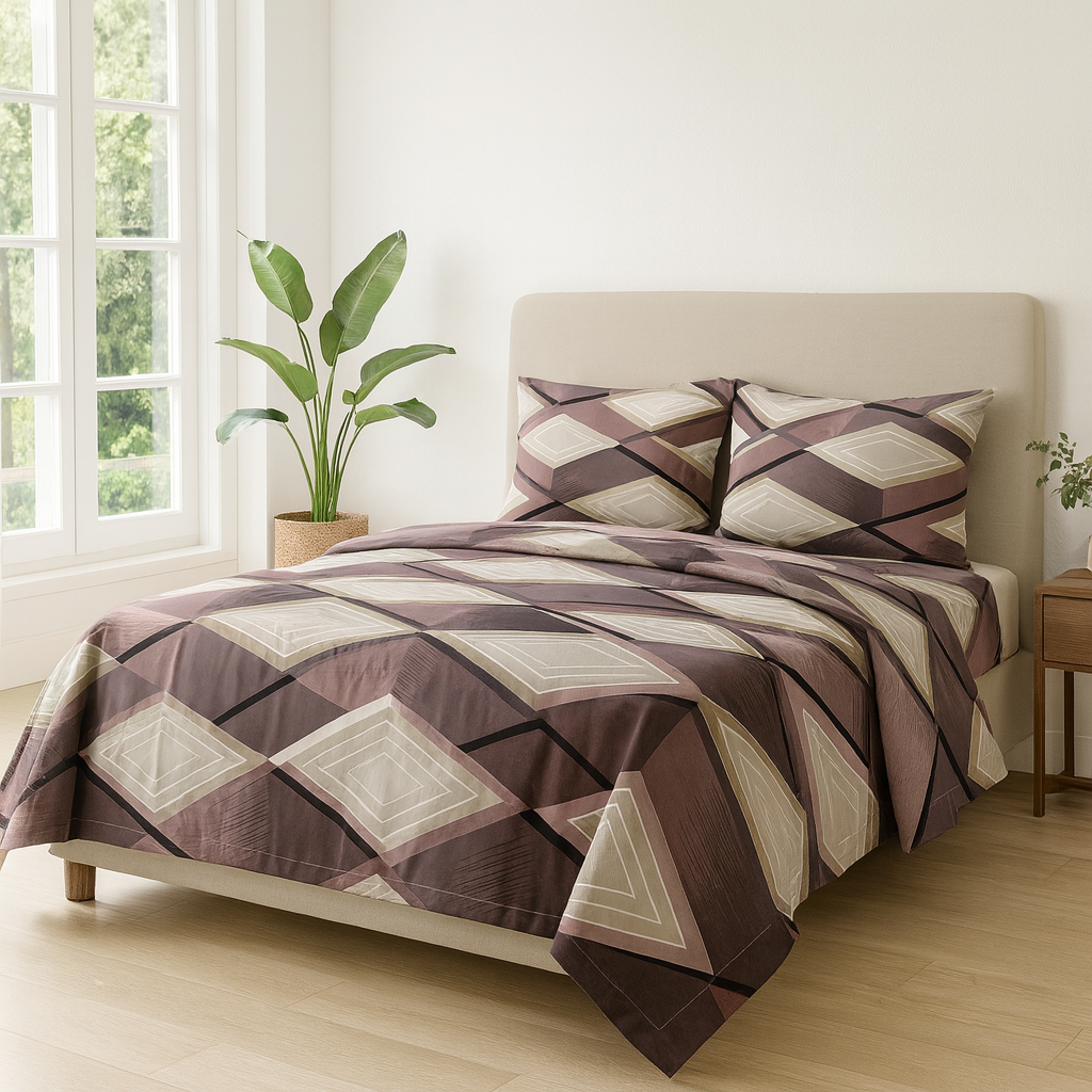 Aashray Decor 100% Cotton Double Bed Bedsheet with 2 Pillow Covers | King Size (275 x 275 cm) | Modern Diamond Geometric Print in Mauve & Beige | Soft, Breathable & Durable Fabric