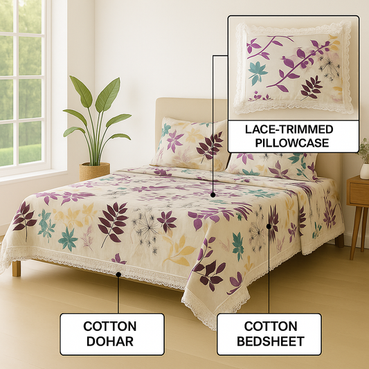 Aashray Decor 100% Cotton Premium Bedsheet Set with Dohar & Pillow Covers | King/Queen Double Bed Size | Premium Floral Print with Lace Trim | Soft, Breathable & All-Season Comfort