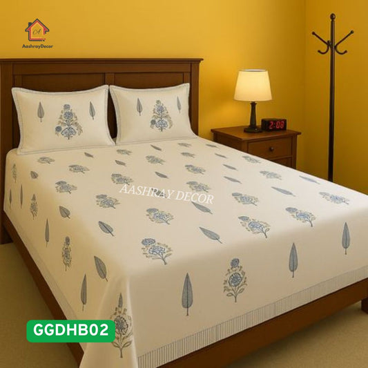 Blue and White Duck Cotton Hand Block Double Bedcover Set – King Size (275 x 275 cm)