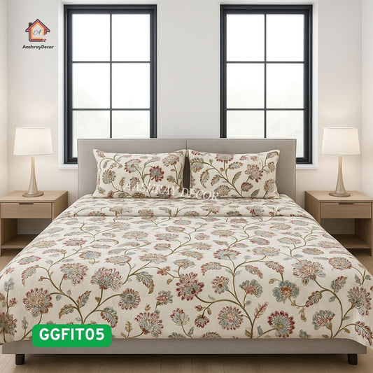 100% Cotton Fitted King Size Bedsheet – Vintage Floral Print | Full Elastic Fit | No Shrinkage | 275x275 cm