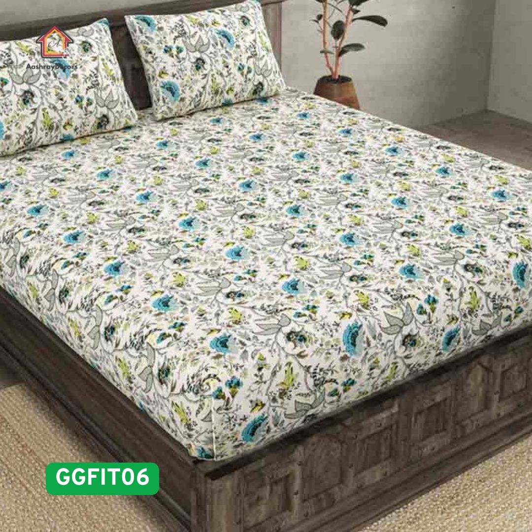 Bluebird Blossom 100% Pure Cotton Fitted Bedsheet (275x275 cm) – Premium Elastic/Floral, No Shrinkage, No Color Fade