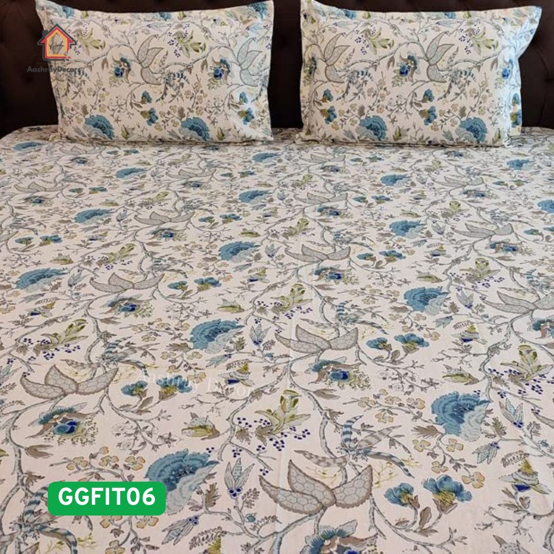 Bluebird Blossom 100% Pure Cotton Fitted Bedsheet (275x275 cm) – Premium Elastic/Floral, No Shrinkage, No Color Fade
