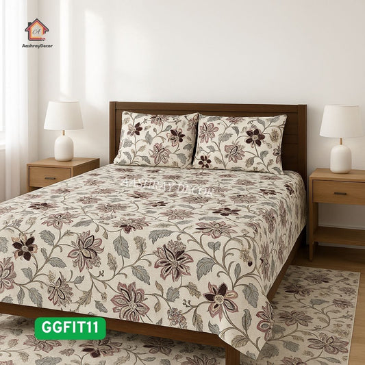 Plum Petals 100% Pure Cotton Fitted Bedsheet – Premium Elastic, Anti-Shrink, Fade-Proof Floral Print (275x275 cm)