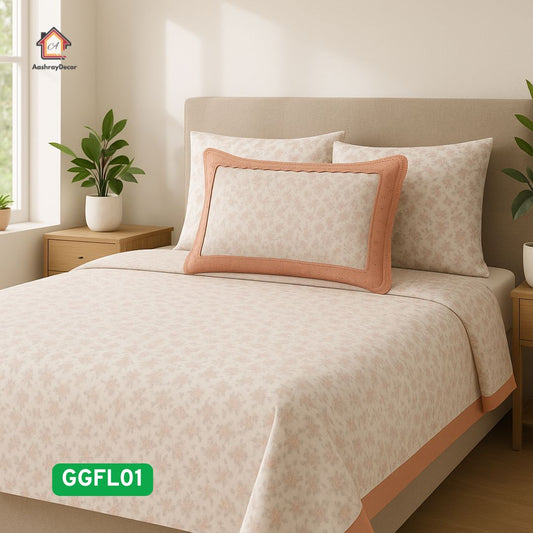 Peach Whisper – 100% Cotton King Size Bedsheet Set | Soft Peach Floral | 300 TC | With 2 Lace Pillow Covers