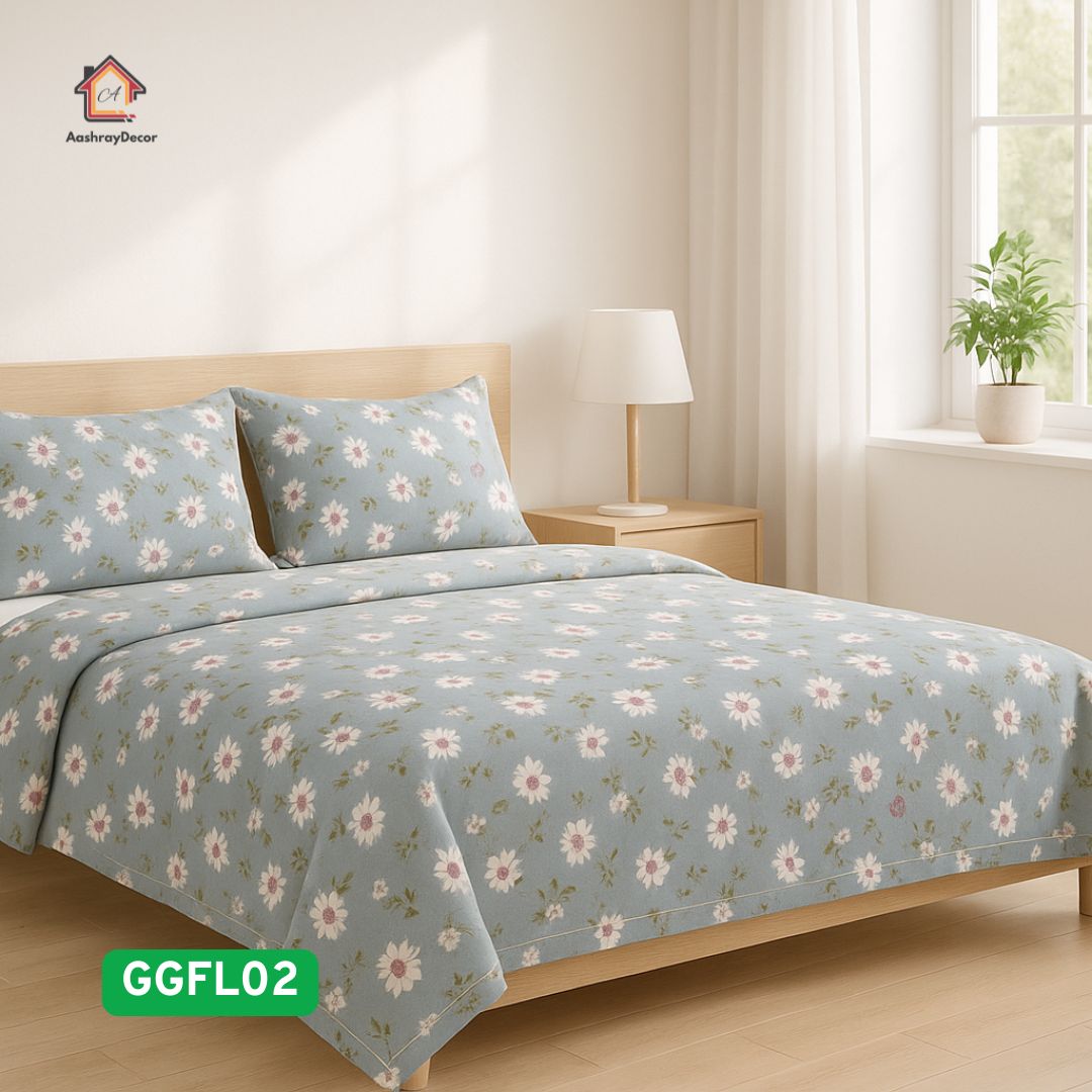 Blue Daisy Charm – 100% Cotton King Size Bedsheet Set | Floral Blue Print | 300 TC | With 2 Lace Pillow Covers