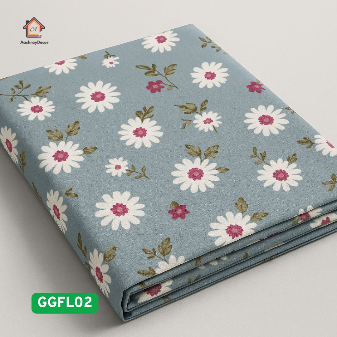 Blue Daisy Charm – 100% Cotton King Size Bedsheet Set | Floral Blue Print | 300 TC | With 2 Lace Pillow Covers