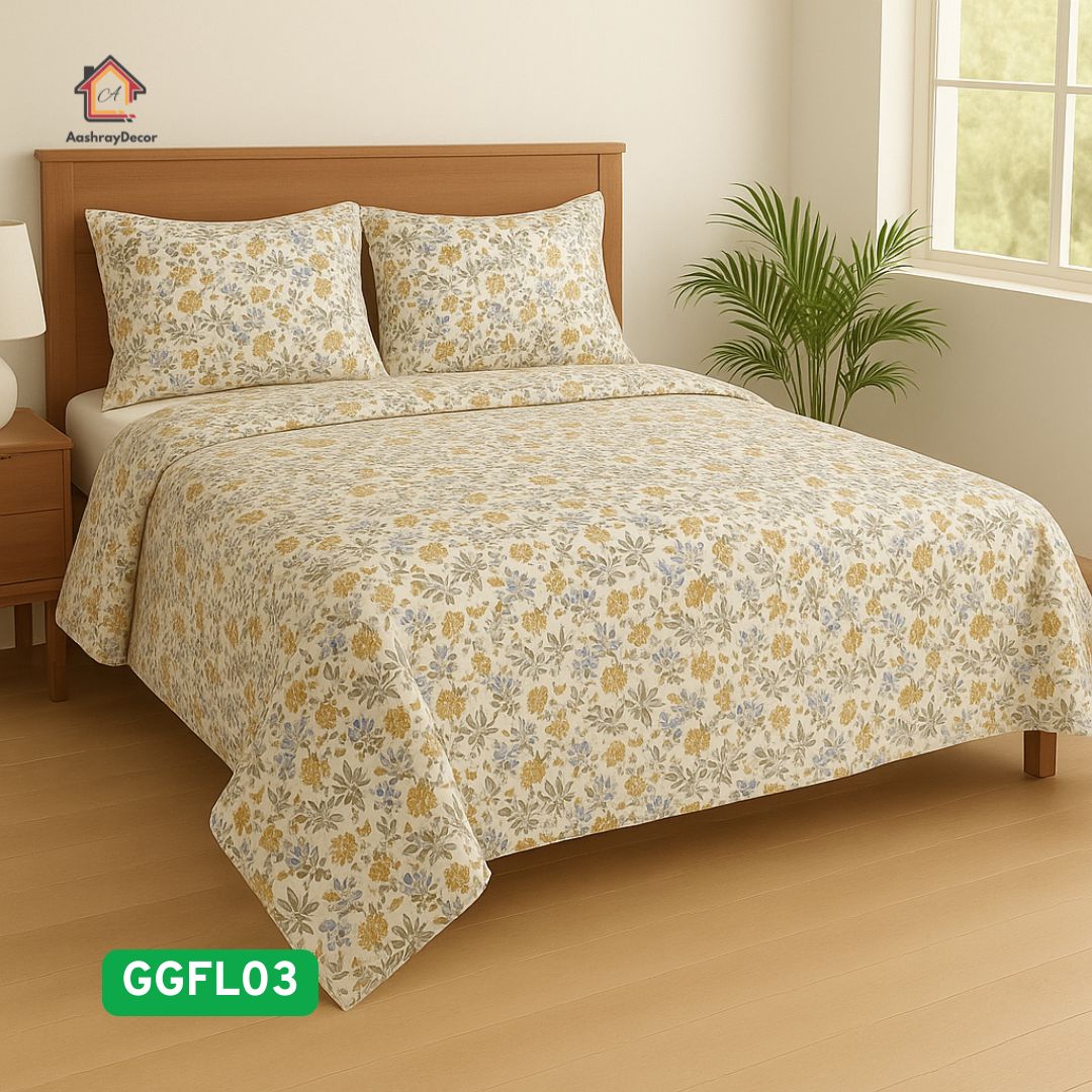 Golden Garden – 100% Cotton King Size Bedsheet Set | Mustard Floral Border | 300 TC | With 2 Lace Pillow Covers