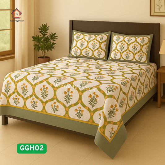 Saanjh – Heritage Handblock Cotton Bedsheet Set | 100% Cotton | 228 x 275 cm | With 2 Pillow Covers