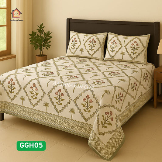 Aashray Decor – Heritage Floral Printed 100% Cotton Bedsheet Set | King Size (228 x 275 cm) | 300 TC | Soft & Elegant | With 2 Pillow Covers