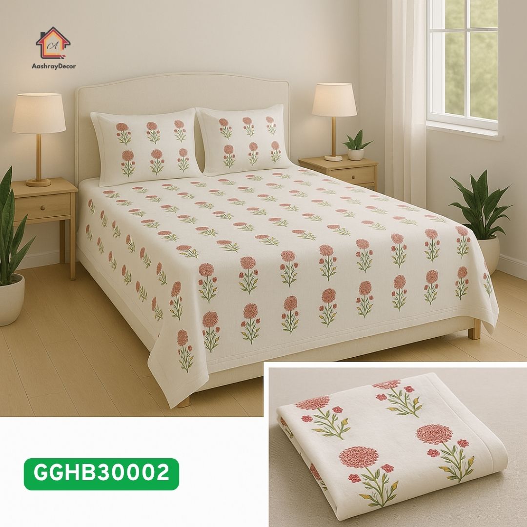 Premium 100% Cotton Handblock Printed Flat Bedsheet – 300 TC, Floral Design, White with Pink Flowers & Leaves – Size 275x275 cm | Pillow Covers Included |